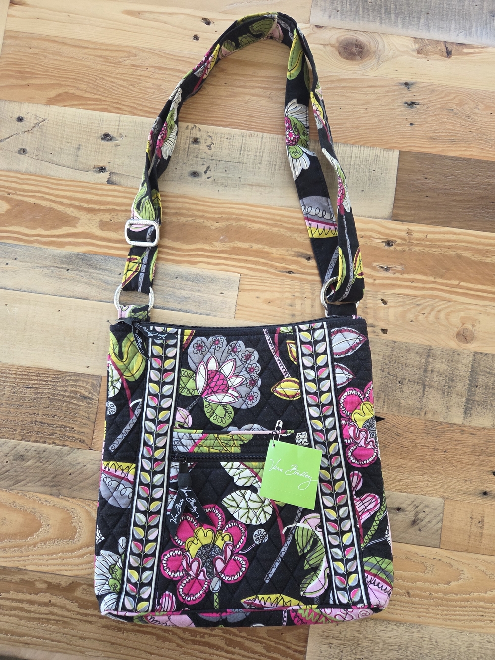 Vera Bradley Hipster Moon Blooms Black Floral Quilted Crossbody Shoulder Bag